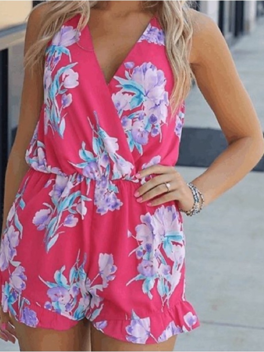 Everly Hot Pink Floral Wrap Romper